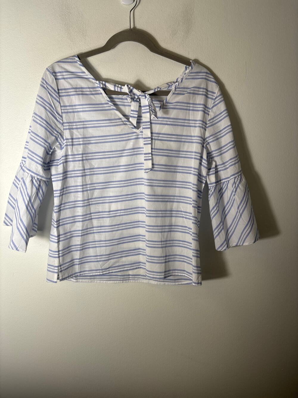 J.Crew White and Blue Stripe Bell Sleeve Top Sz 8